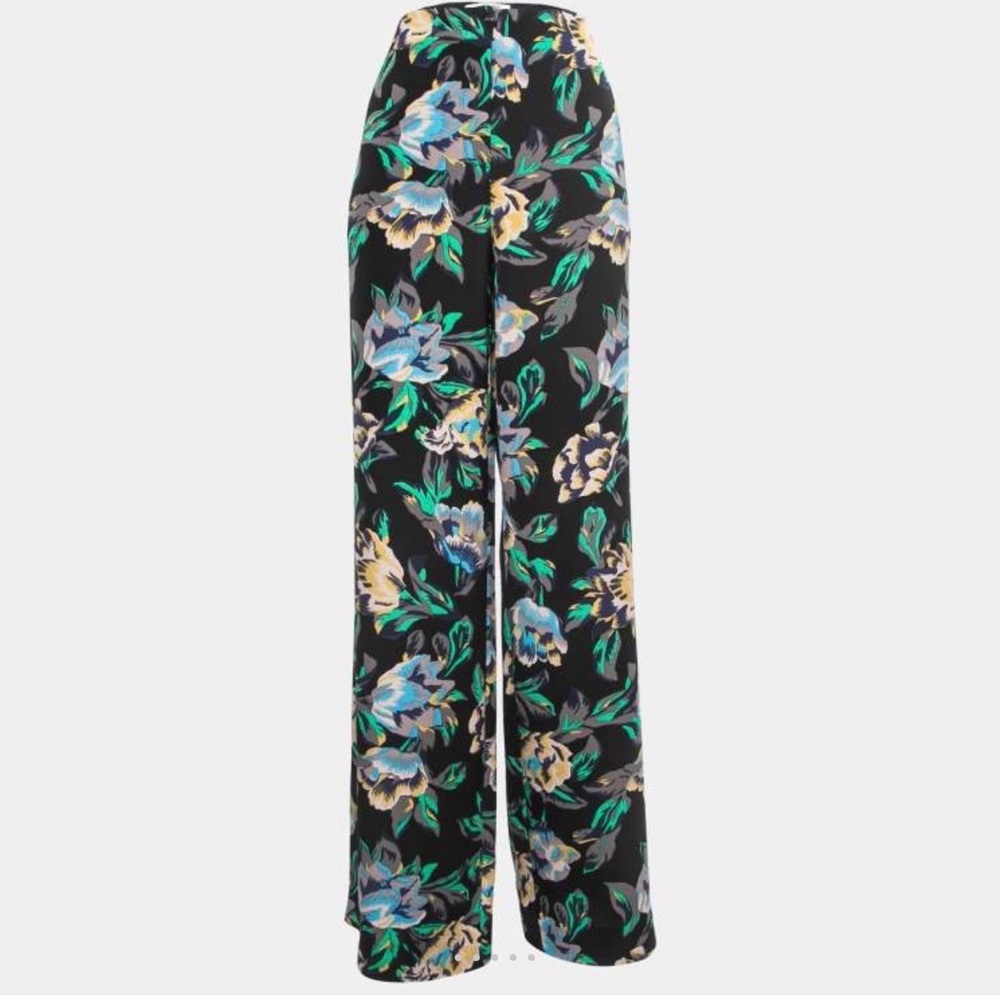 Floral Wide-Leg Pants - Black with Blue & Green Floral